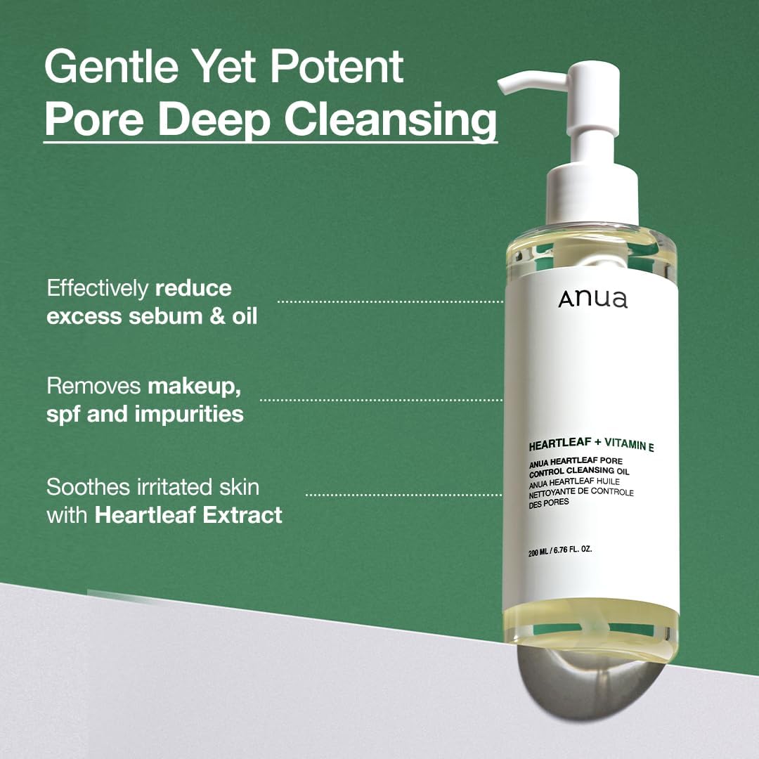 ANUA Heartleaf + Vitamin E Pore Control Cleansing Oil Korean Facial Cleanser, 6.76 fl oz(200ml)