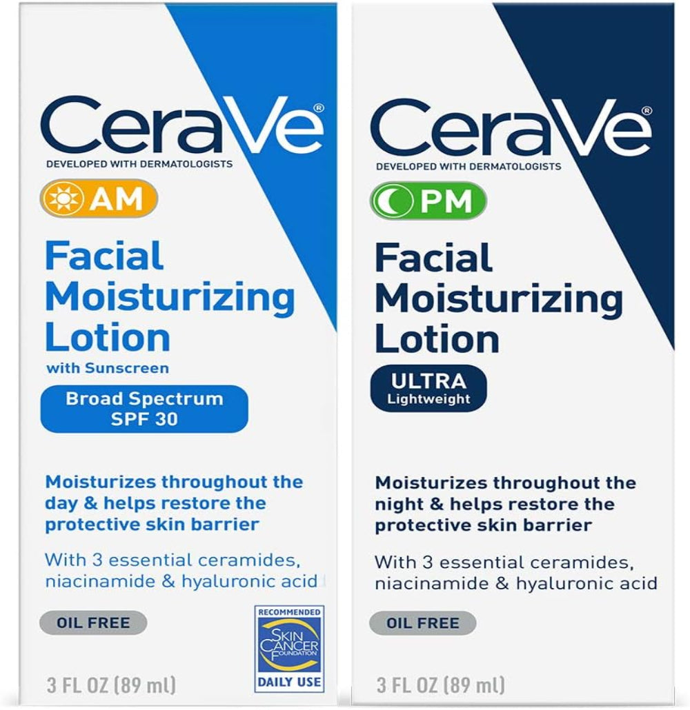 CeraVe Facial Moisturizing Lotion 3 Fl Oz (Pack of 2) AM/PM Bundle