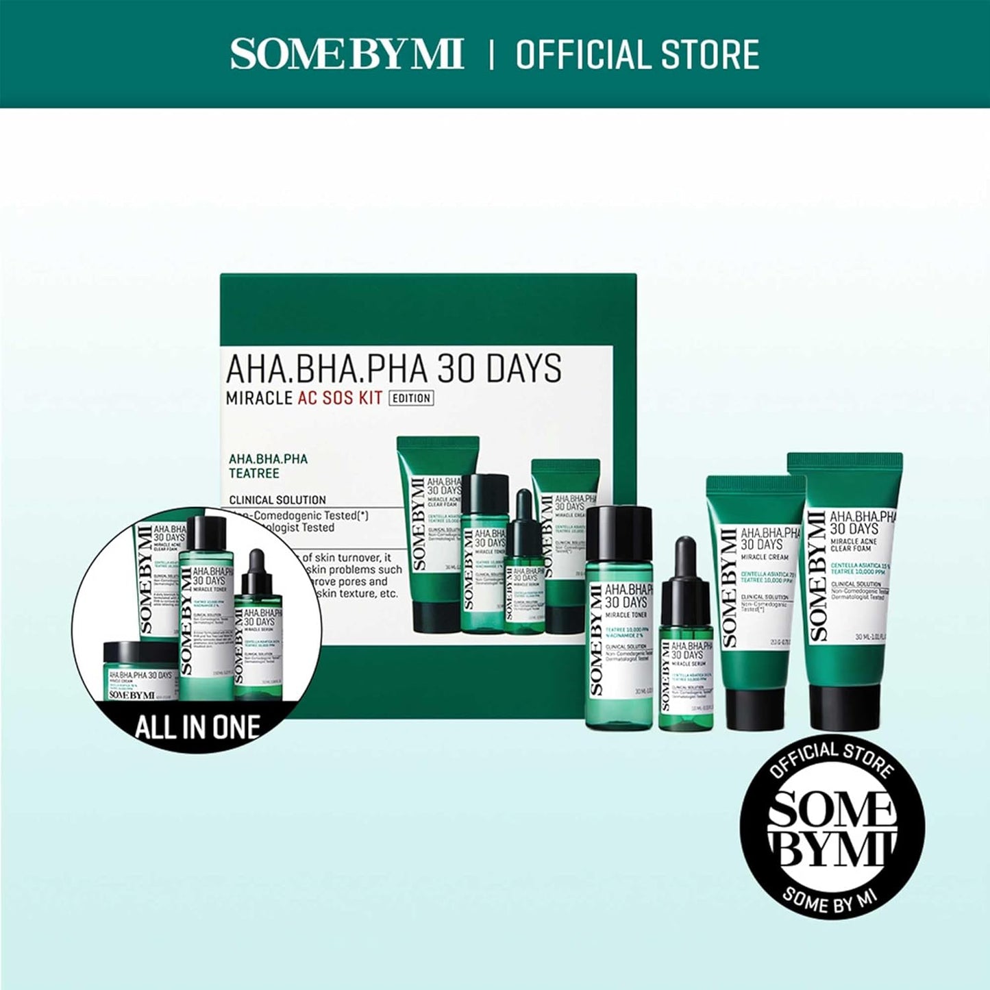 SOME BY MI AHA BHA PHA 30Days Miracle AC SOS Kit | Includes Toner 1.01Oz + Serum 0.33Oz + Cream 0.7Oz + Foam 1.01Oz